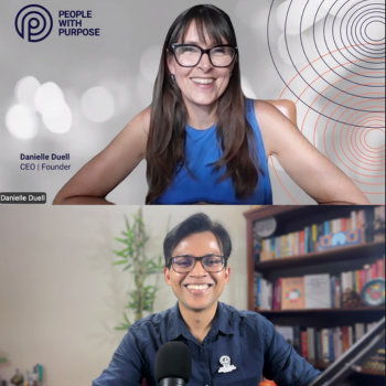 Video call screen showing People With Purpose founder Danielle Duell smiling in the top panel and a man speaking in a bookshelf-lined room below.